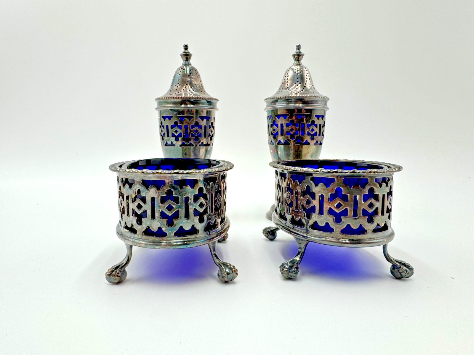 Antique Barker Ellis England Cobalt Blue Glass Salt Cellars & Shakers
