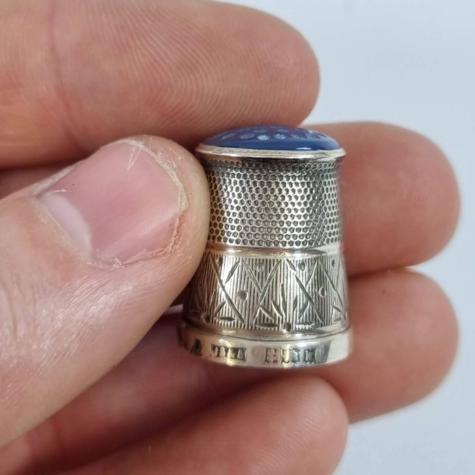 Vintage Silver Thimble With Blue Glass? Top Birmingham 1971 James Swann & Son