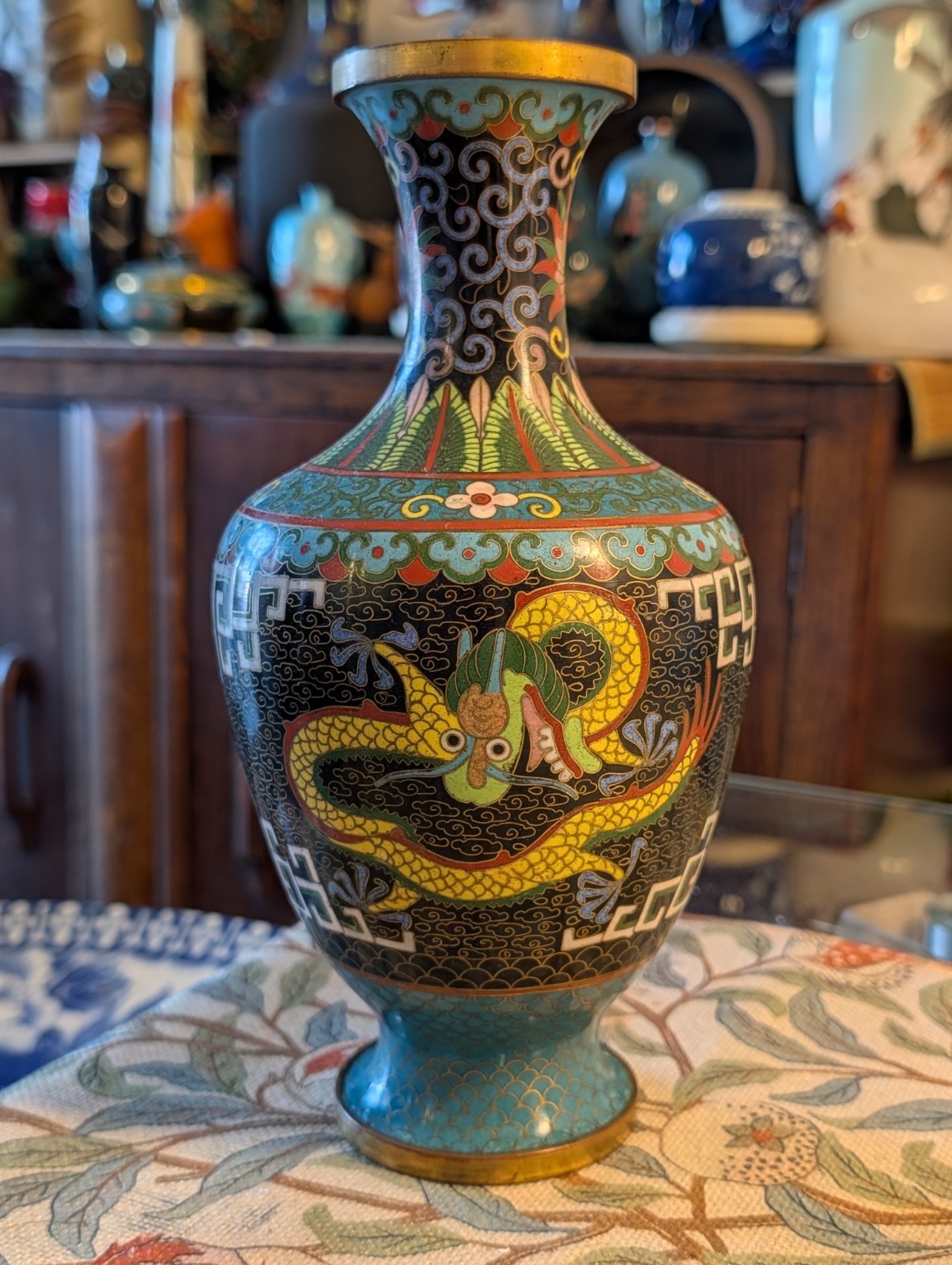 Republic Chinese Cloisonné Vase Dragon With Unusual Geometric Pattern 22.5cm