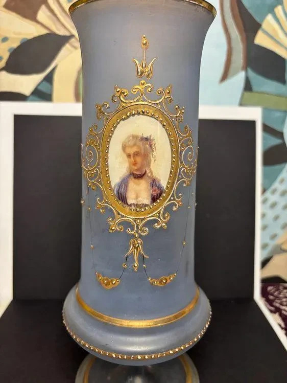 Victorian Era Opaline glass vase with gilded decoration and a miniature portrait