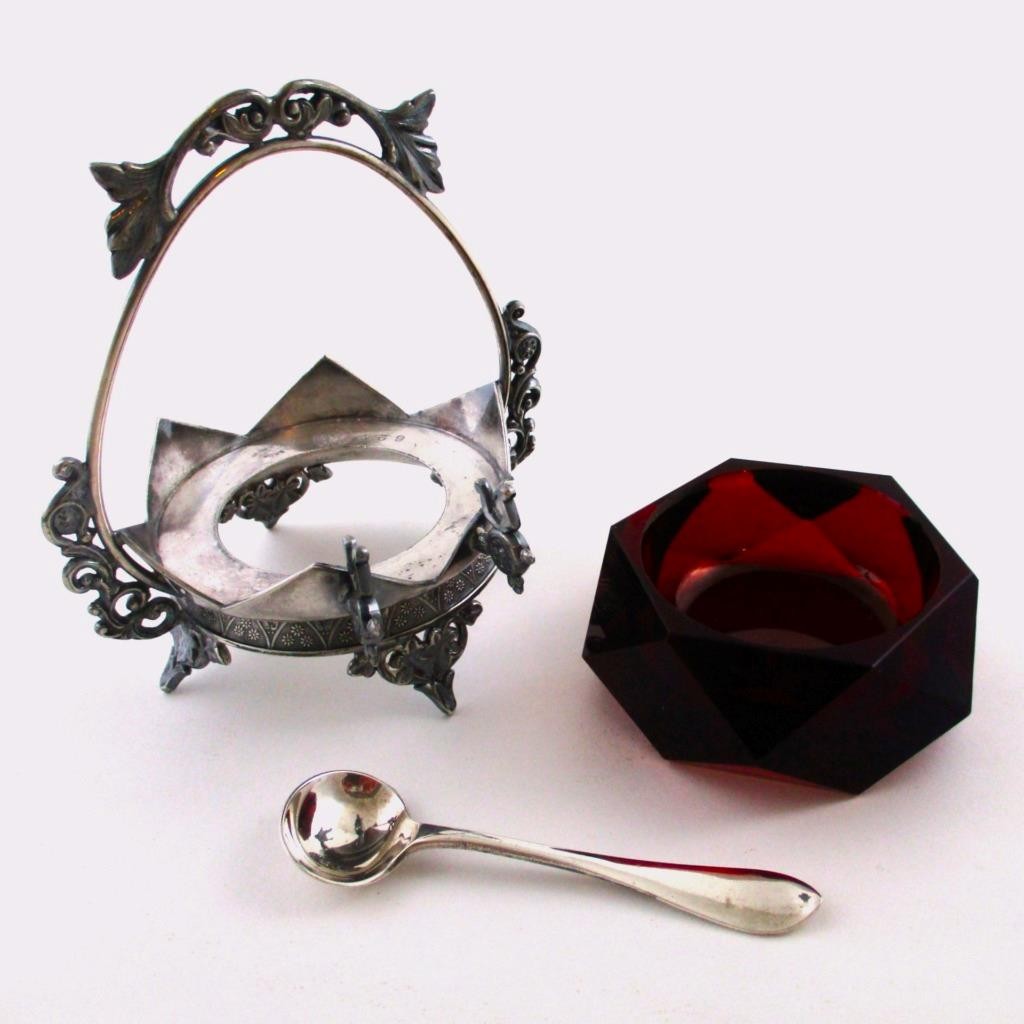 Ruby RED glass Master OPEN SALT – TORONTO S.P. #627 – Quad Silver Holder, Spoon