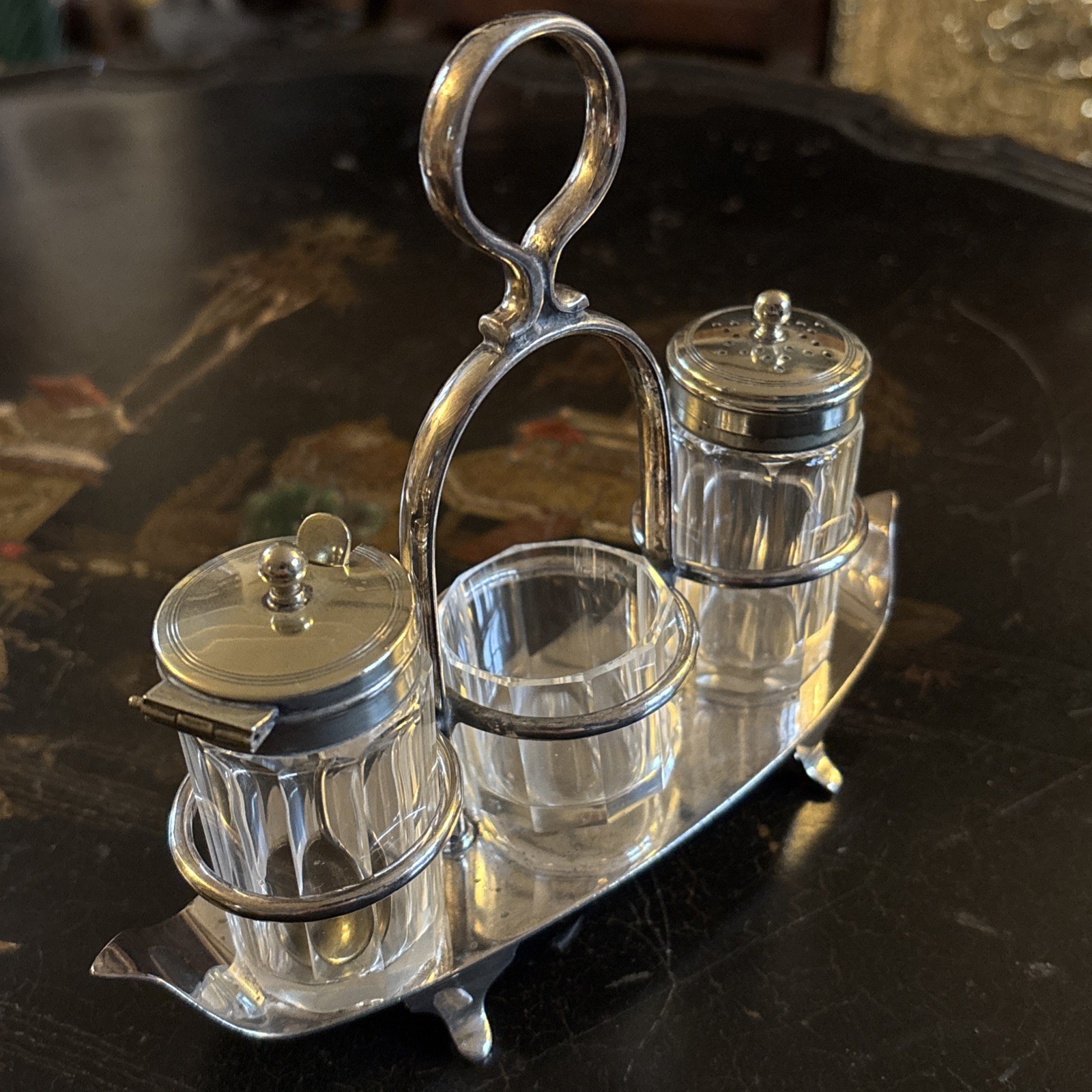 Antique Victorian Lee & Wigfull Silver Plate and Cut Glass Cruet Set