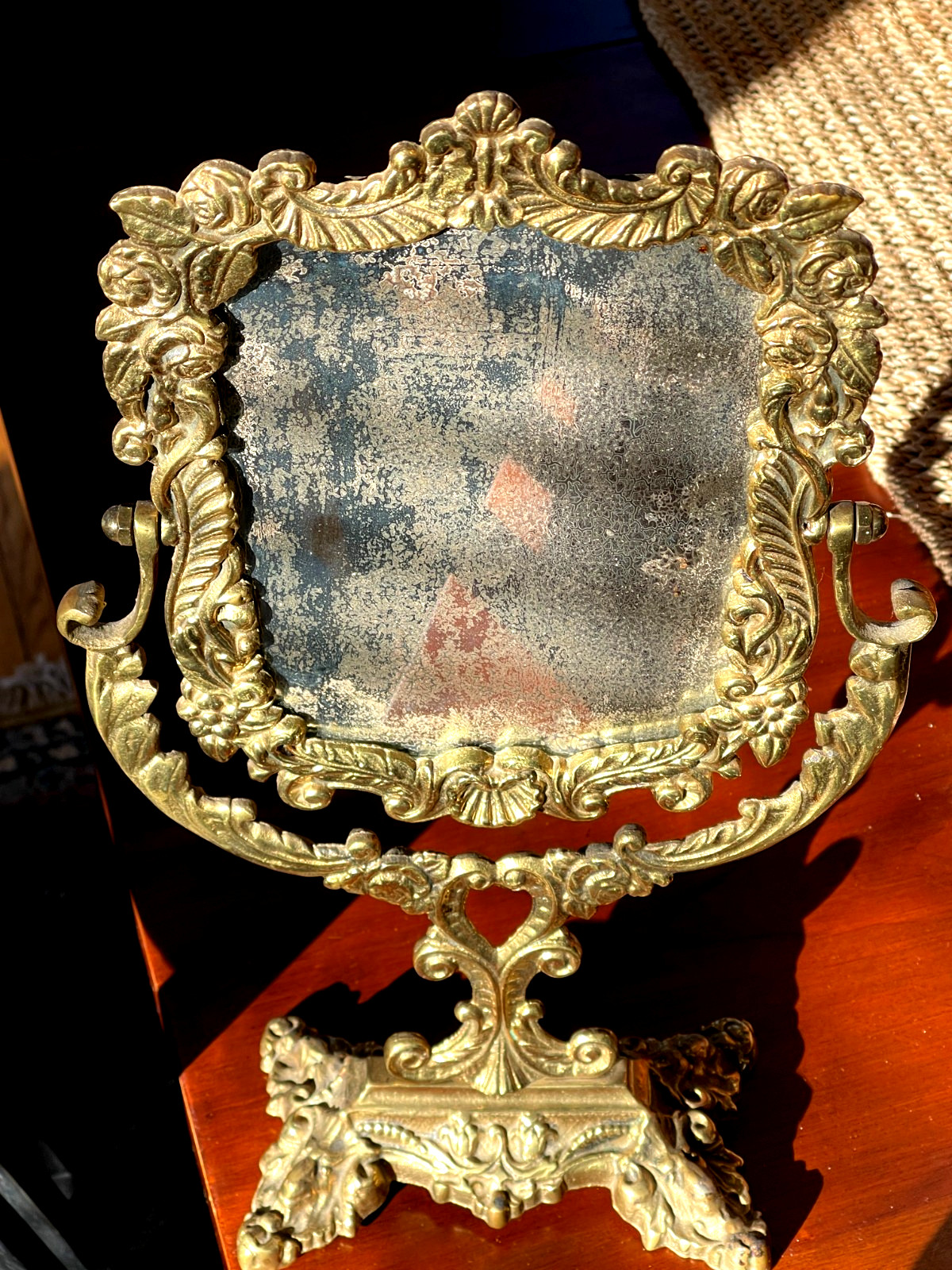 Antique Romantic Rococo Revival Heavy Brass Gilt Heart Swivel Vanity Mirror VTG