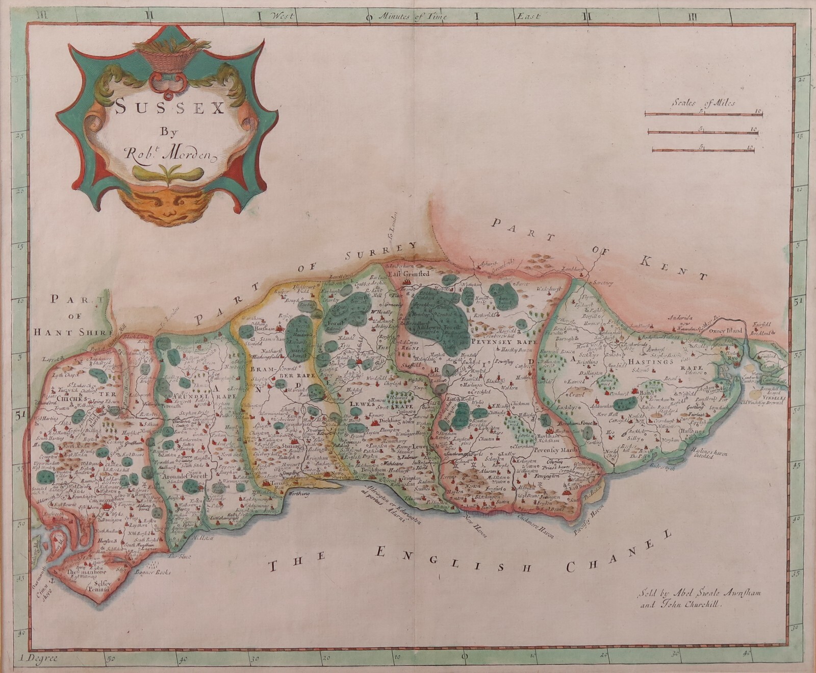 Original Robert Morden hand tinted map of Sussex. 1722