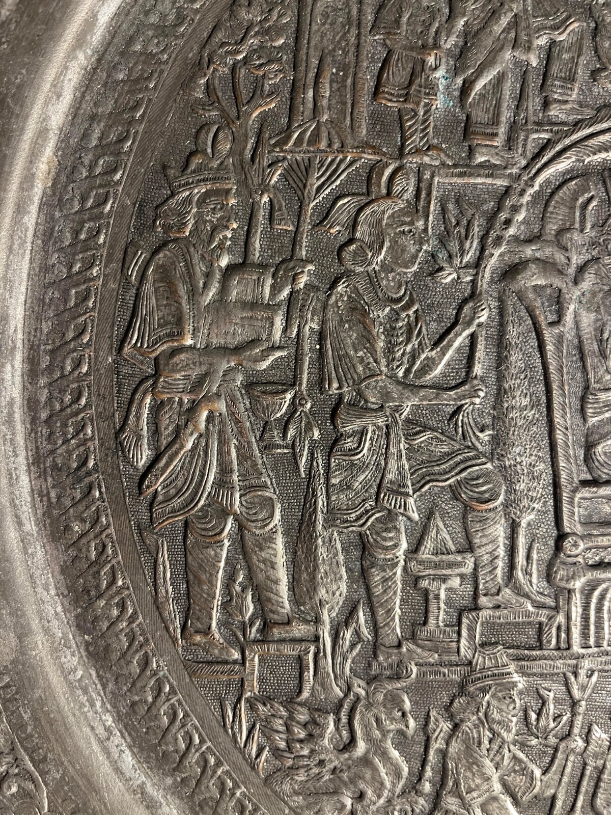 Late 19th Century Antique Middle Eastern Hand Engraved Copper Tray 16″ Diameter
