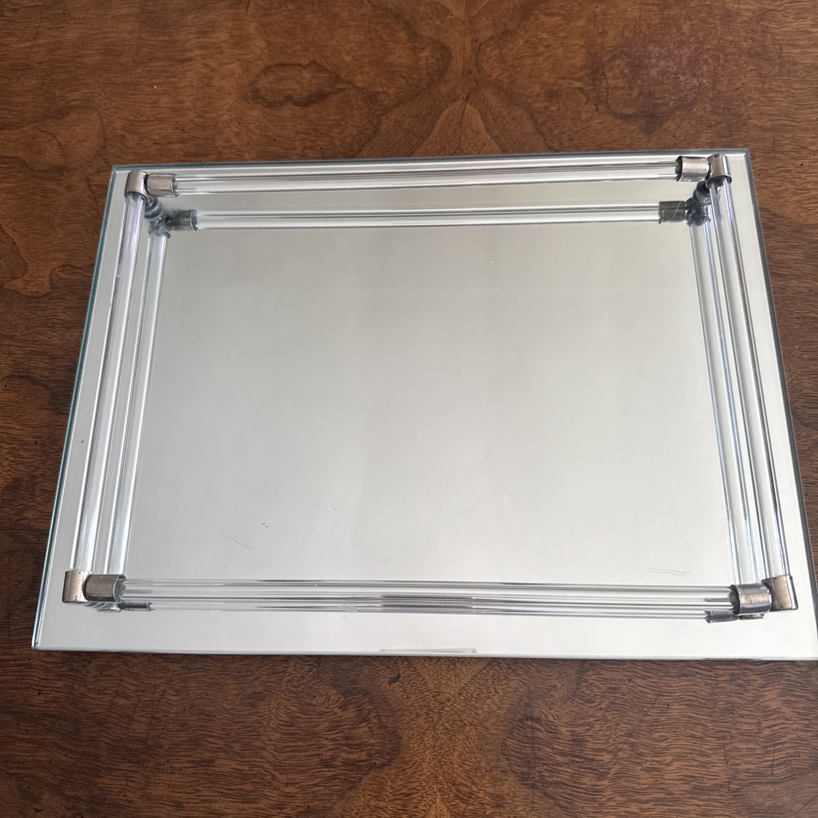 Vintage 70’s Glass Mirror Vanity Tray Rectangular Mid Century Lucite Tube Border