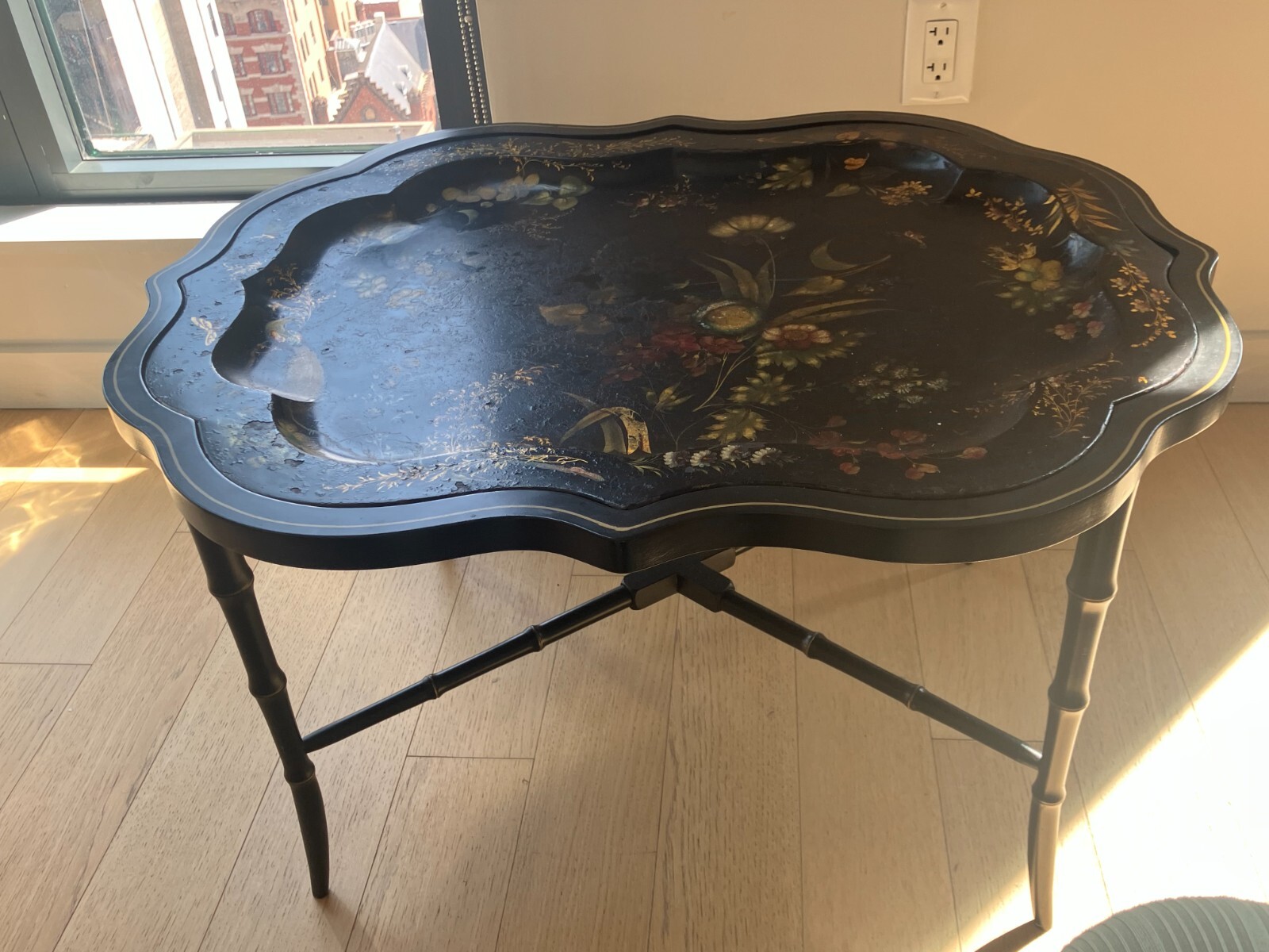 Scalloped Floral Towle Tray on Custom Stand English c. 1850