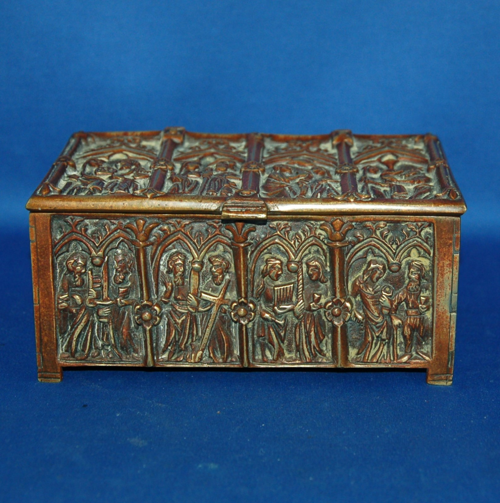 An antique 19th century brass gothic, medieval, church, religious casket