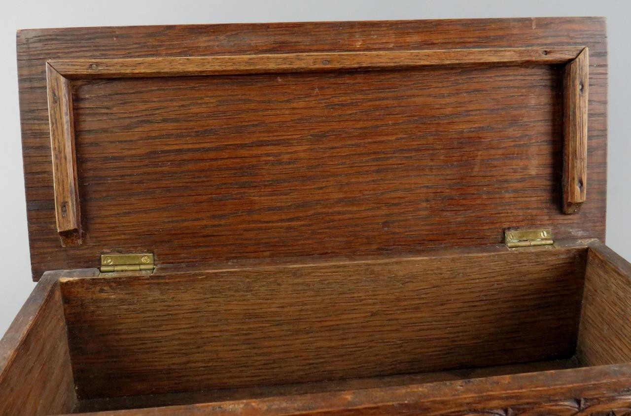 Antique 19th C. Solid Oak Chip Carved Rectangular Wooden Glove Box 12″