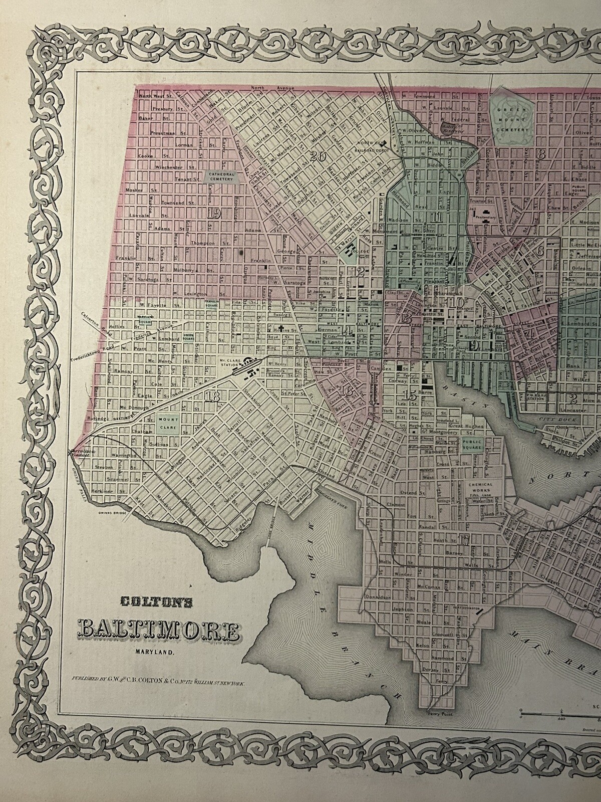 1870 Colton’s Baltimore City Plan Hand Coloured Original Antique Map 17″ x 14″