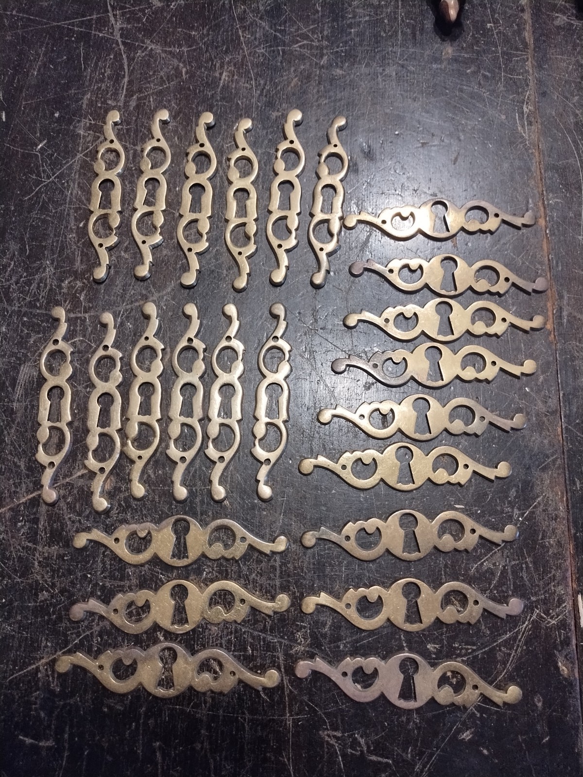 24 Fancy Vtg Solid Brass Drawer Keyhole Escutcheons Ornate