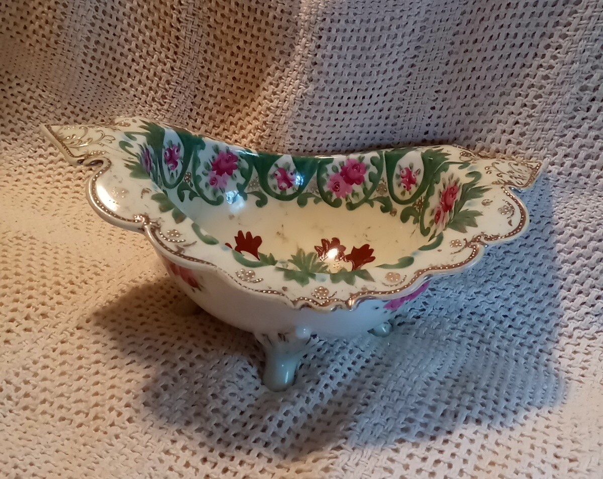 Antiq Uniq Nippon Hd Painted Pink Floral Bowl,Green Leaf. Encrusted Gold Gilt.