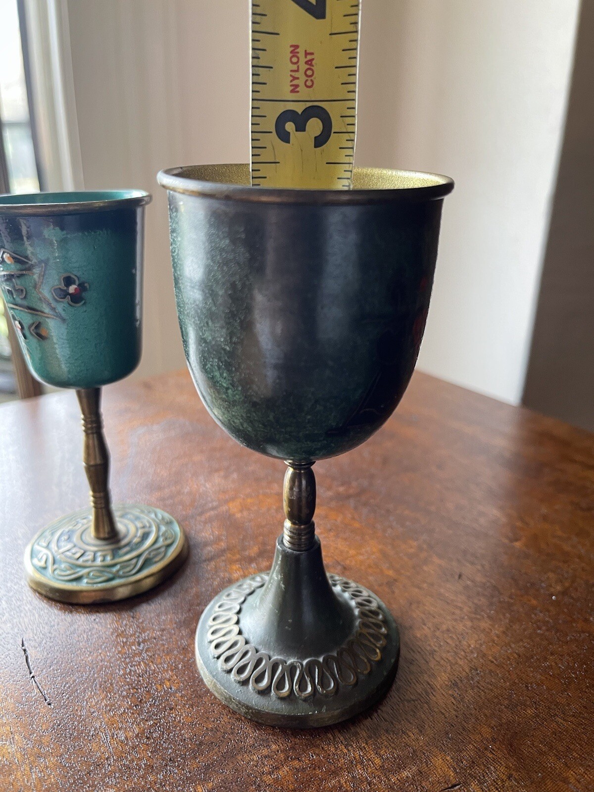 Two Israel Hakuli Hand Painted Goblet Sabra Bright Blue Green 5” Tall