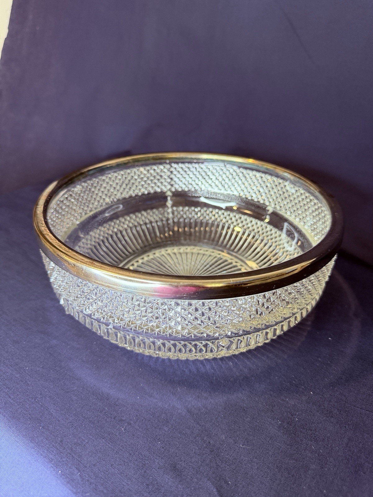 Vintage Falstaff Silverplate Rim Large Pressed Glass Bowl 8.5”D. x 3.5”H
