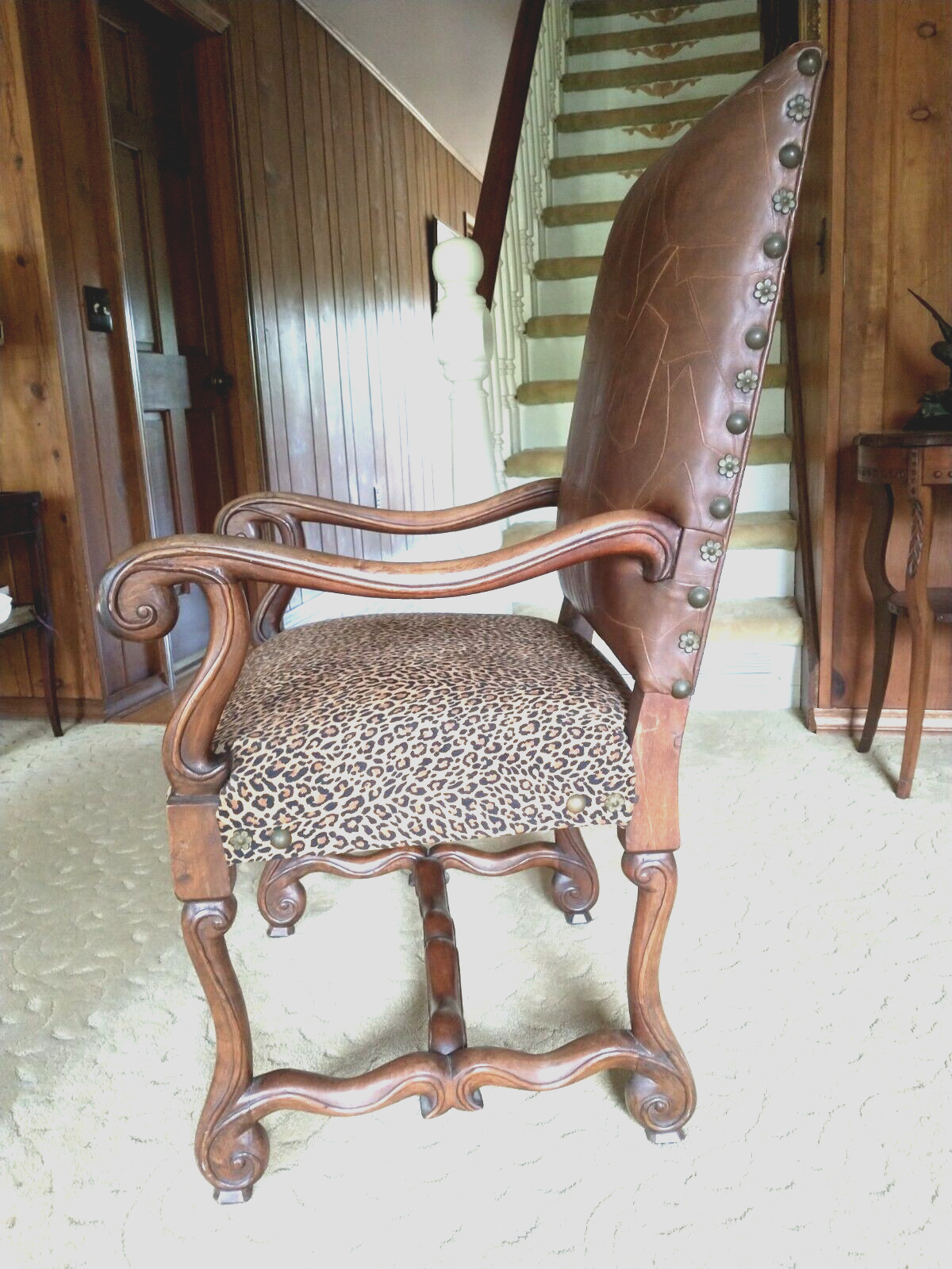 Antique Spanish Baroque European Chair Louis XIII Style Hand Carved