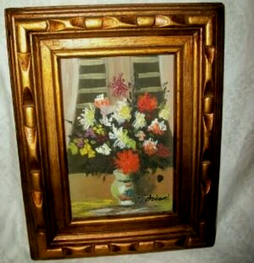 Miniature Oil Painting Floral J Brioni Listed Artist Mid Century Carved Wood MCM