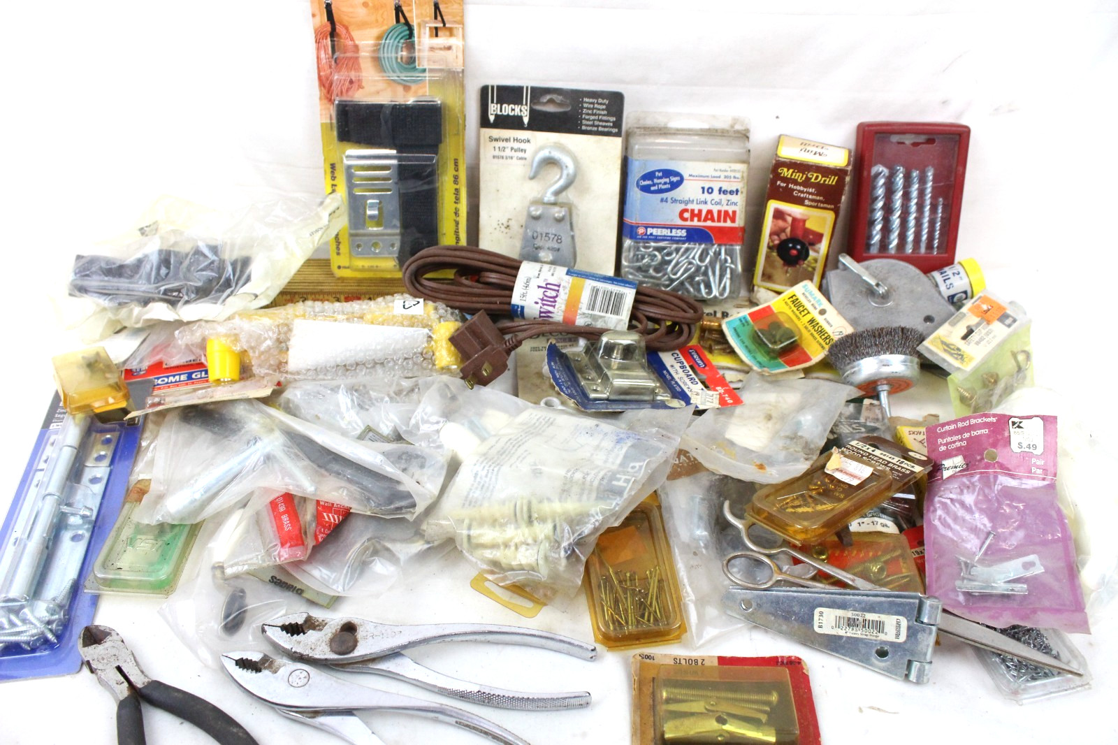 Huge Vintage Hardware Tool Lot Pliers Chain Hook Nails Drill Bits Bolt Latch New