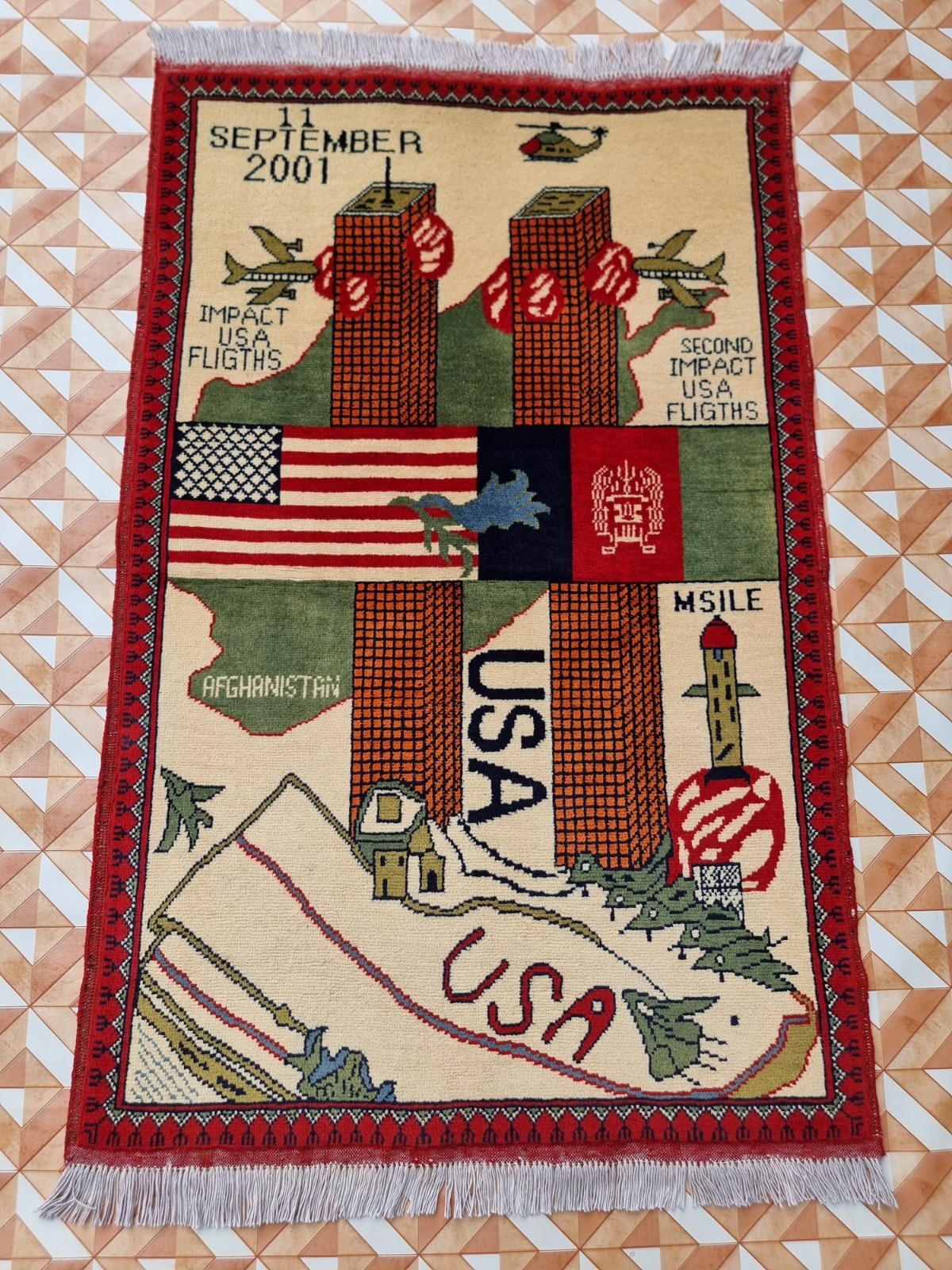 Afghan Handmade wool Rug 9/11 September 2001 Terror Attack Twin Towers Tapestry