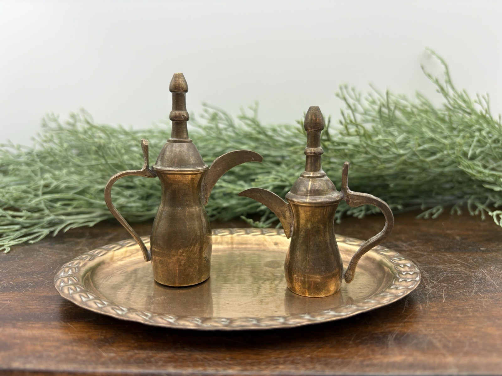 Mini Brass Coffee Pot Set – 3” Dallah Pitchers on Tray – Vintage Middle Eastern