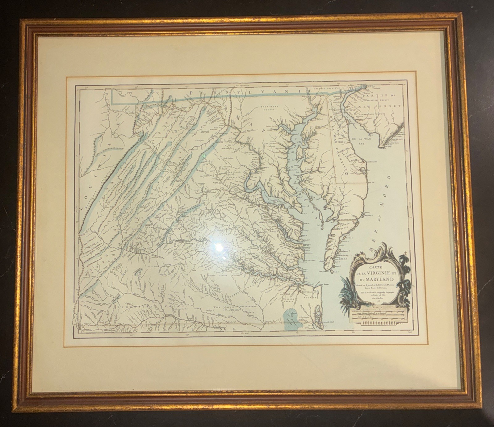 Antique 1755 Framed/Matted VAUGONDY MAP Chesapeake Virginia Maryland Delaware