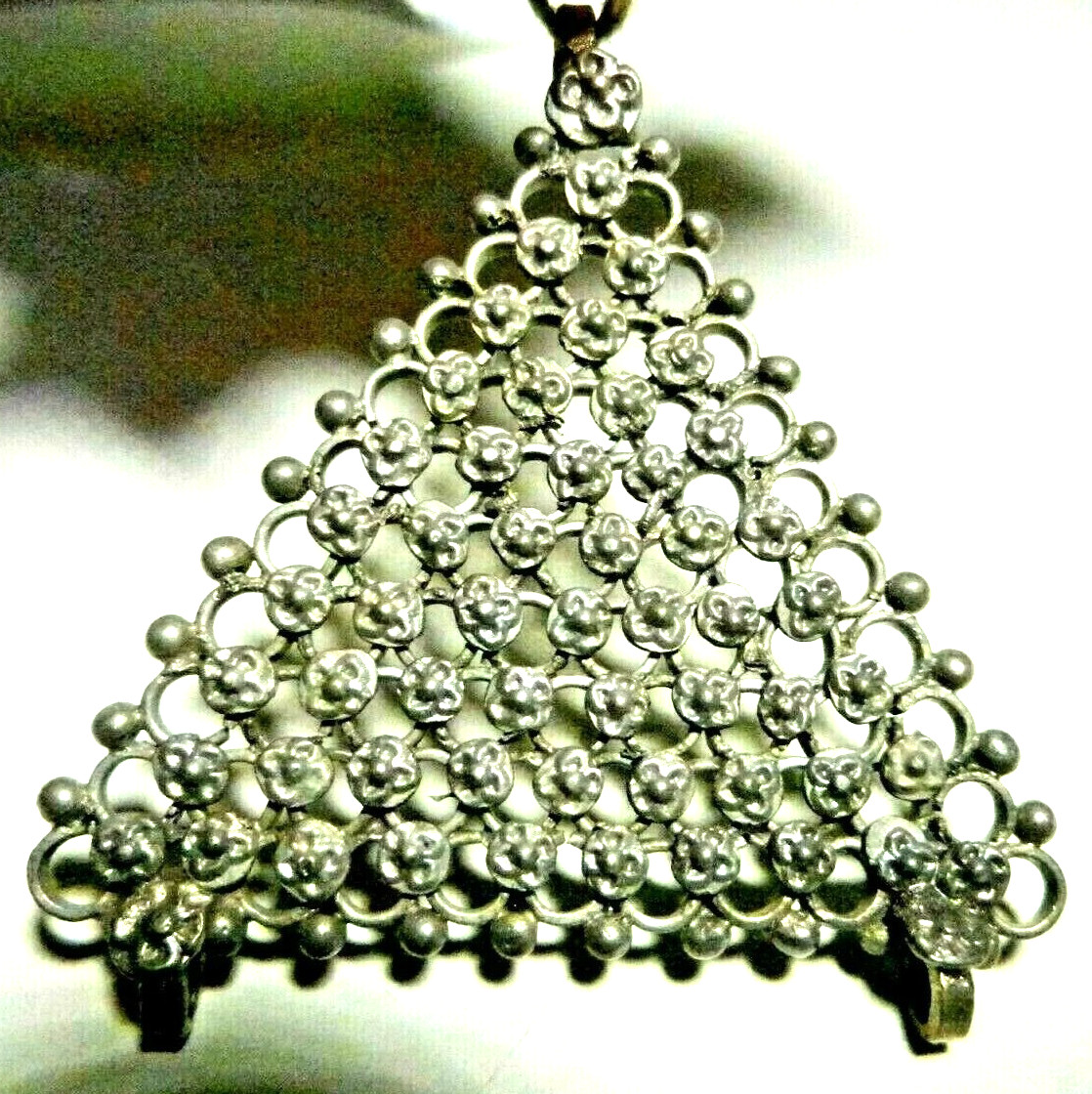 Antique Tibetan Silver Flilgree Amulet Pendant Triangle w/Rosettes-India-20 gms