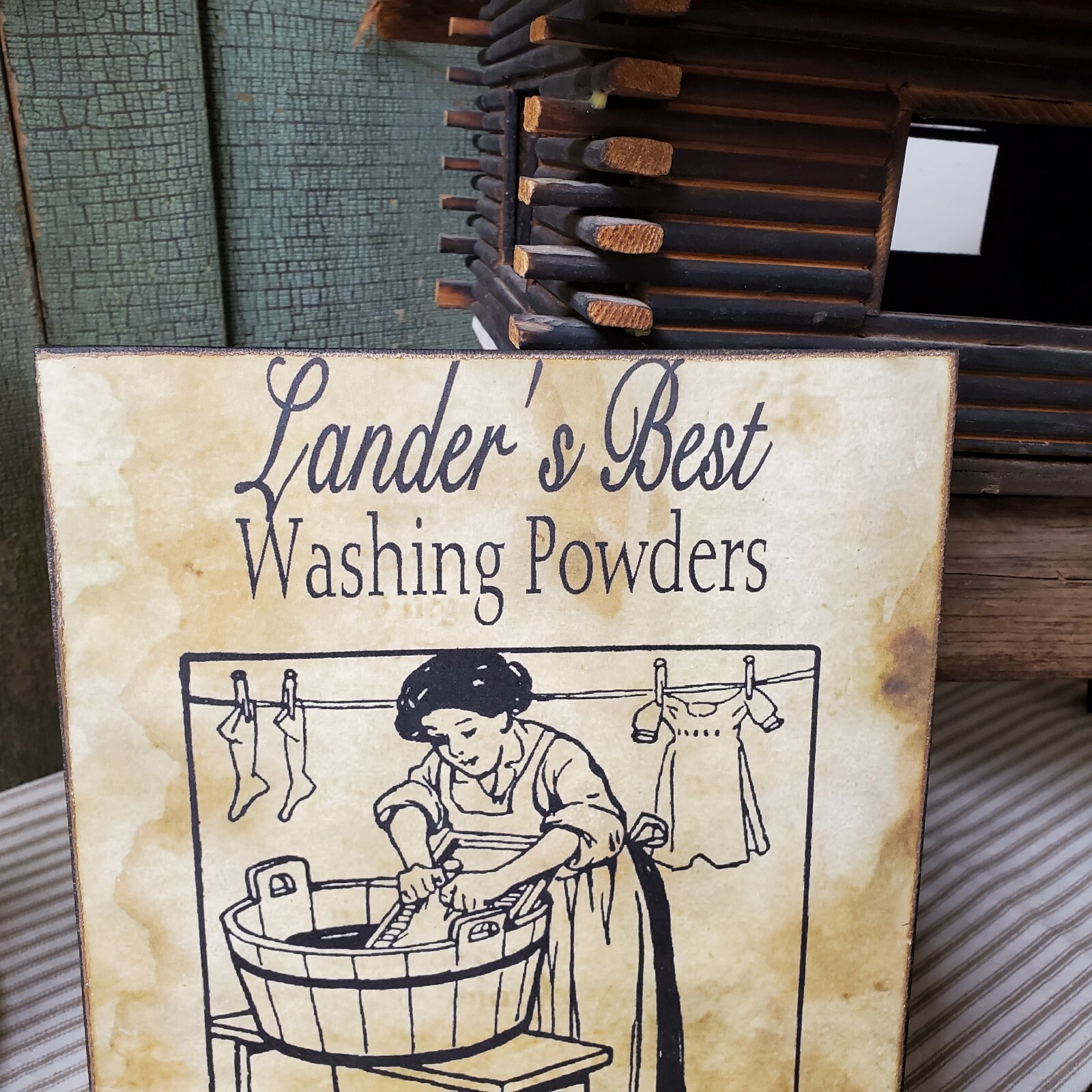 VINTAGE PRIMITIVE COLONIAL SHAKER LANDERS LAUNDRY WASH SOAP ADVERTISING SIGN