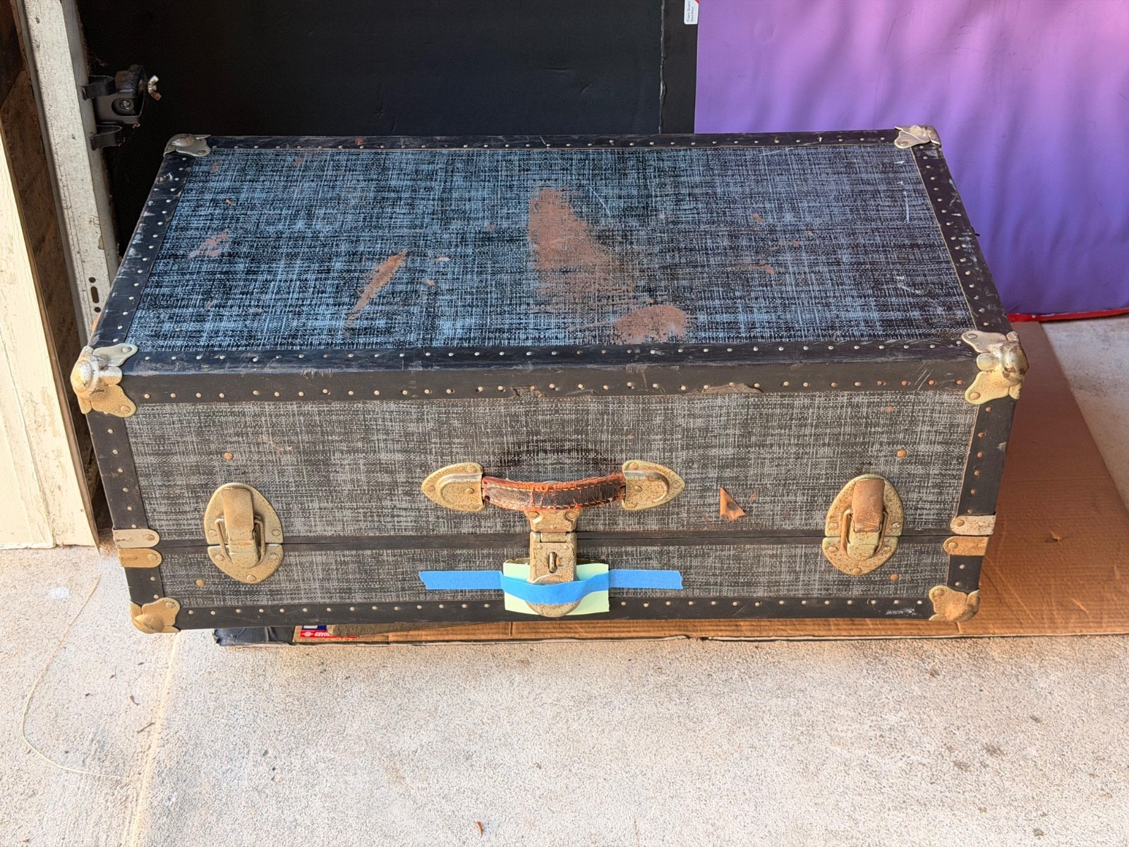 Vintage Flat Top Steamer Trunk Footlocker Antique Storage Chest Industrial Decor