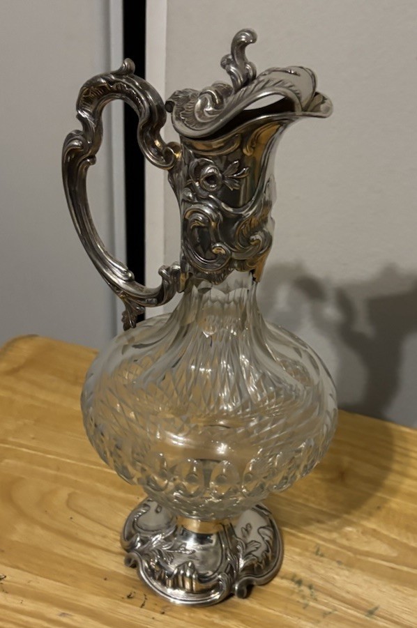 Antique Silver Cut Crystal Claret Jug Wine Decanter Ewer Pitcher Art Nouveau