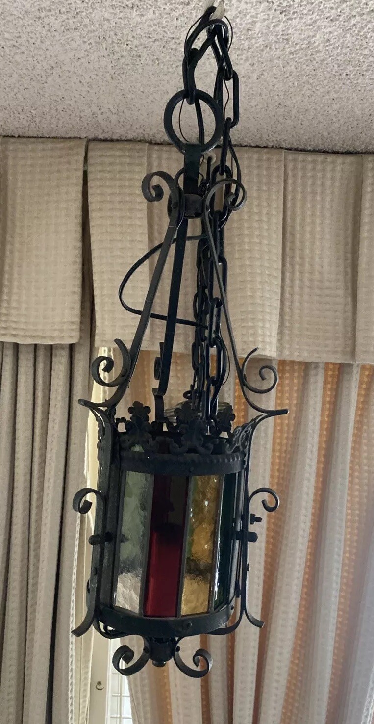 French Lustre Colored Glass & Wrought Iron Pendant Light, Late 19th Century