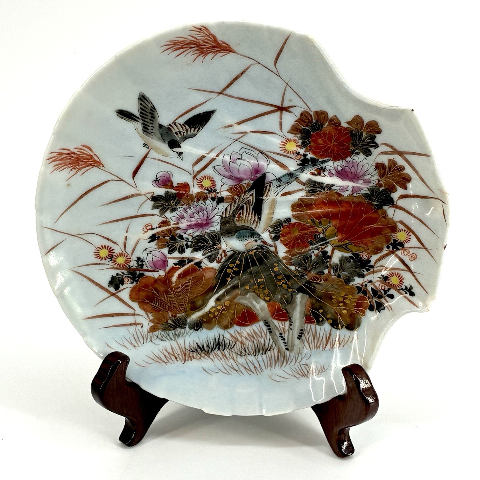 Antique Meiji Japanese Kutani Porcelain Shell Shaped Plate Birds Flowers Signed