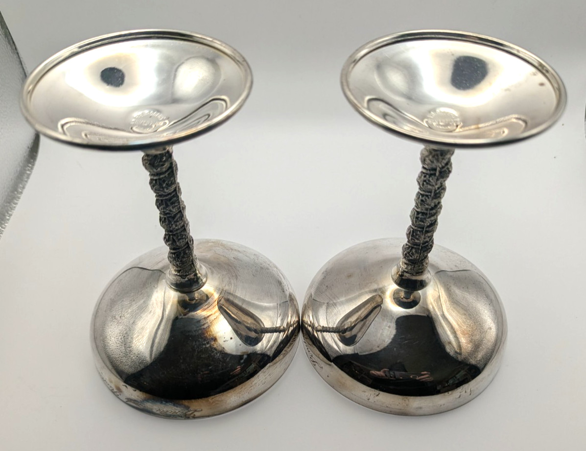 F.B. ROGERS Silverplate Coupe Champagne Glasses Set 2 Italy Engraved Vintage Bar