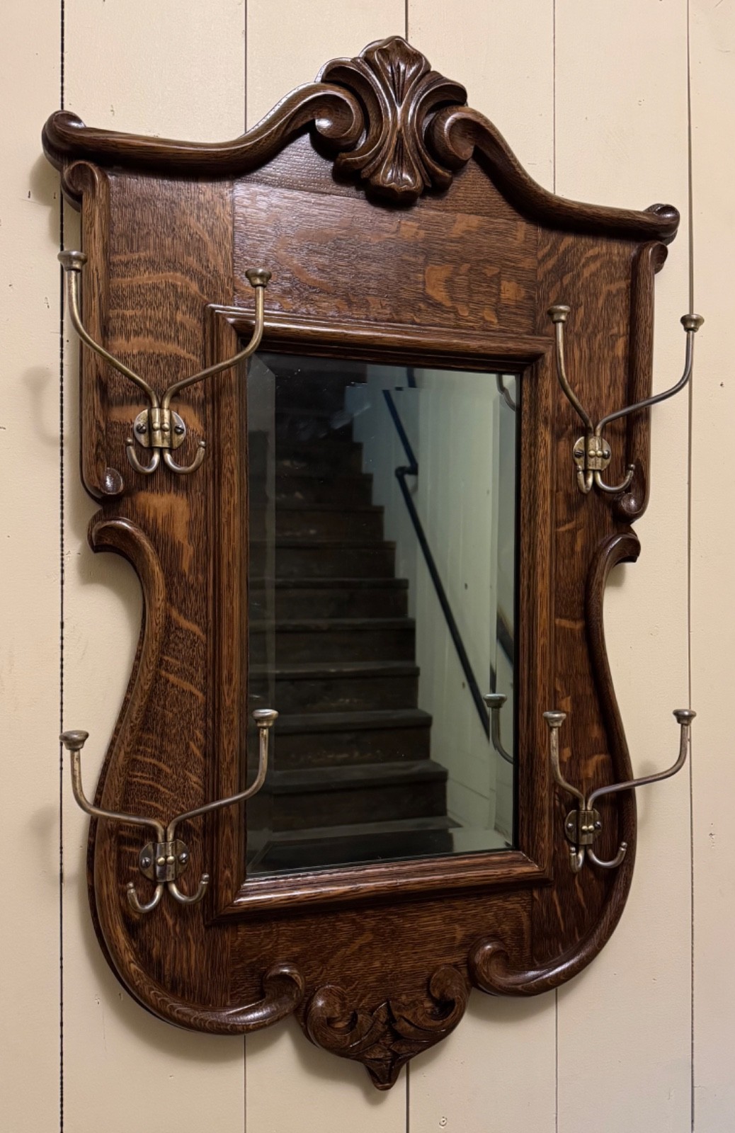 Antique Oak Hall Mirror with hooks
