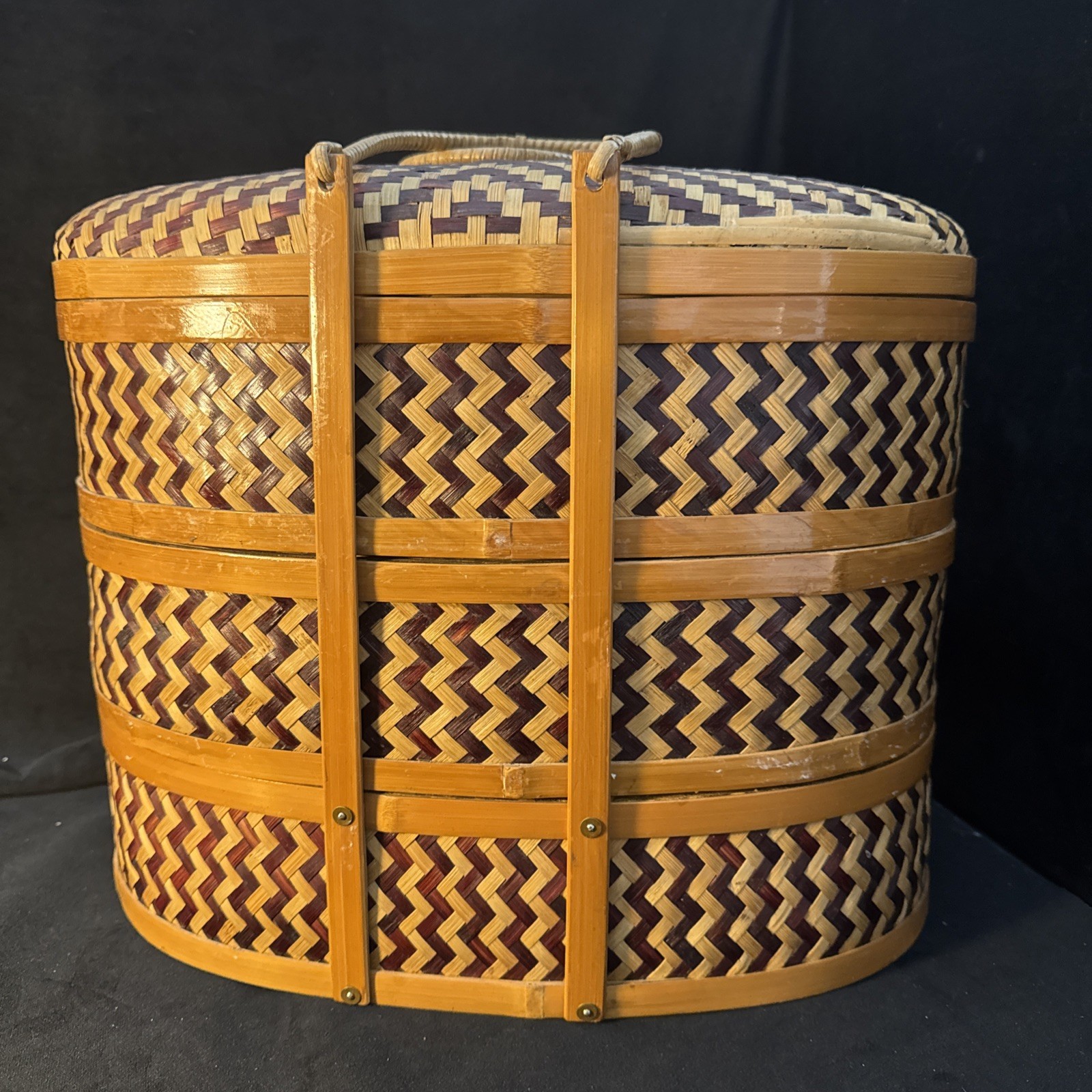 Vintage 3-Tier Chinese Wedding Basket Woven Wicker Rattan Bamboo Cane