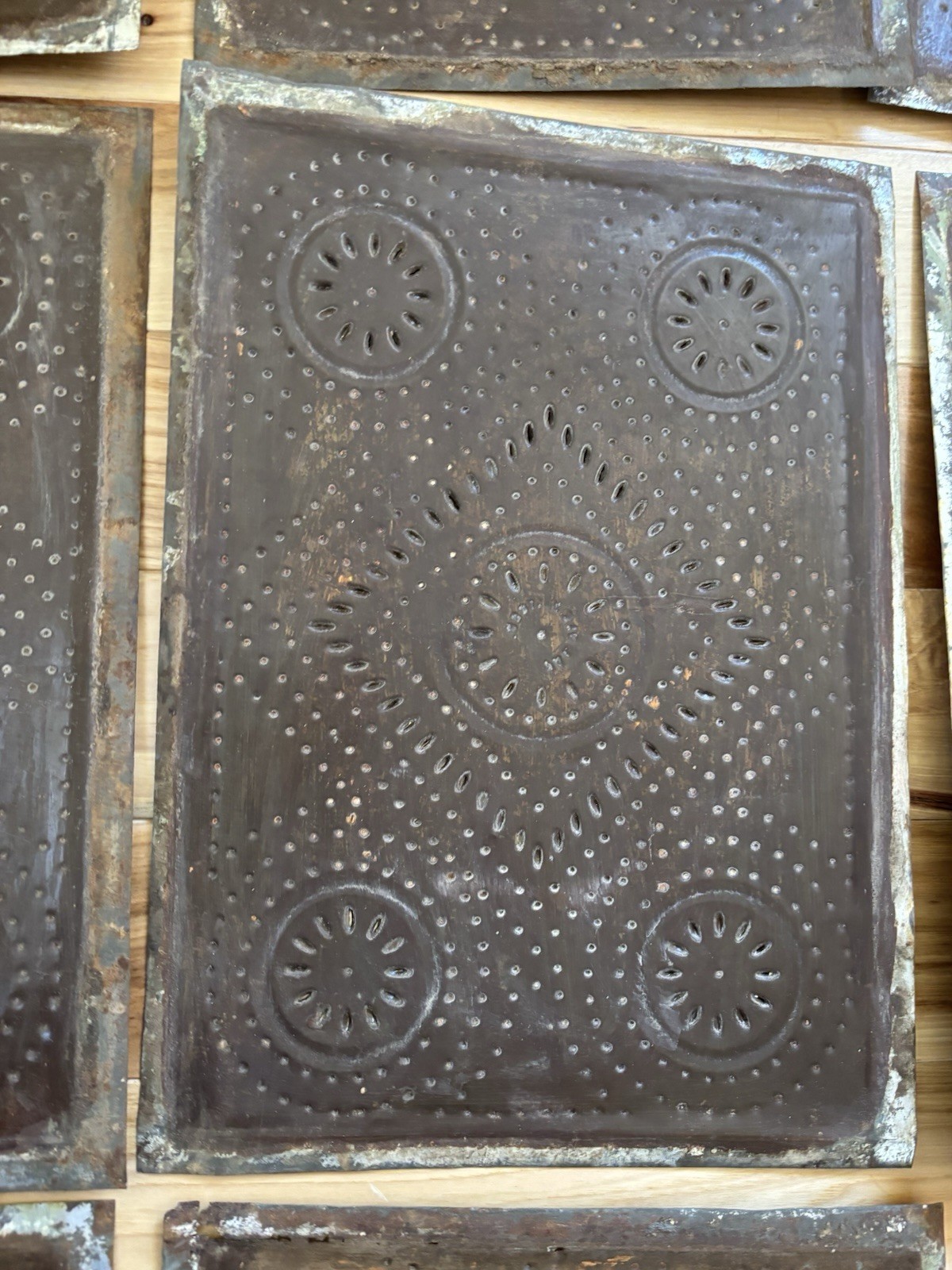 Set Of 10 Antique Primitive 19th Century Pierced/Punched Tin Panels, Pie Safe