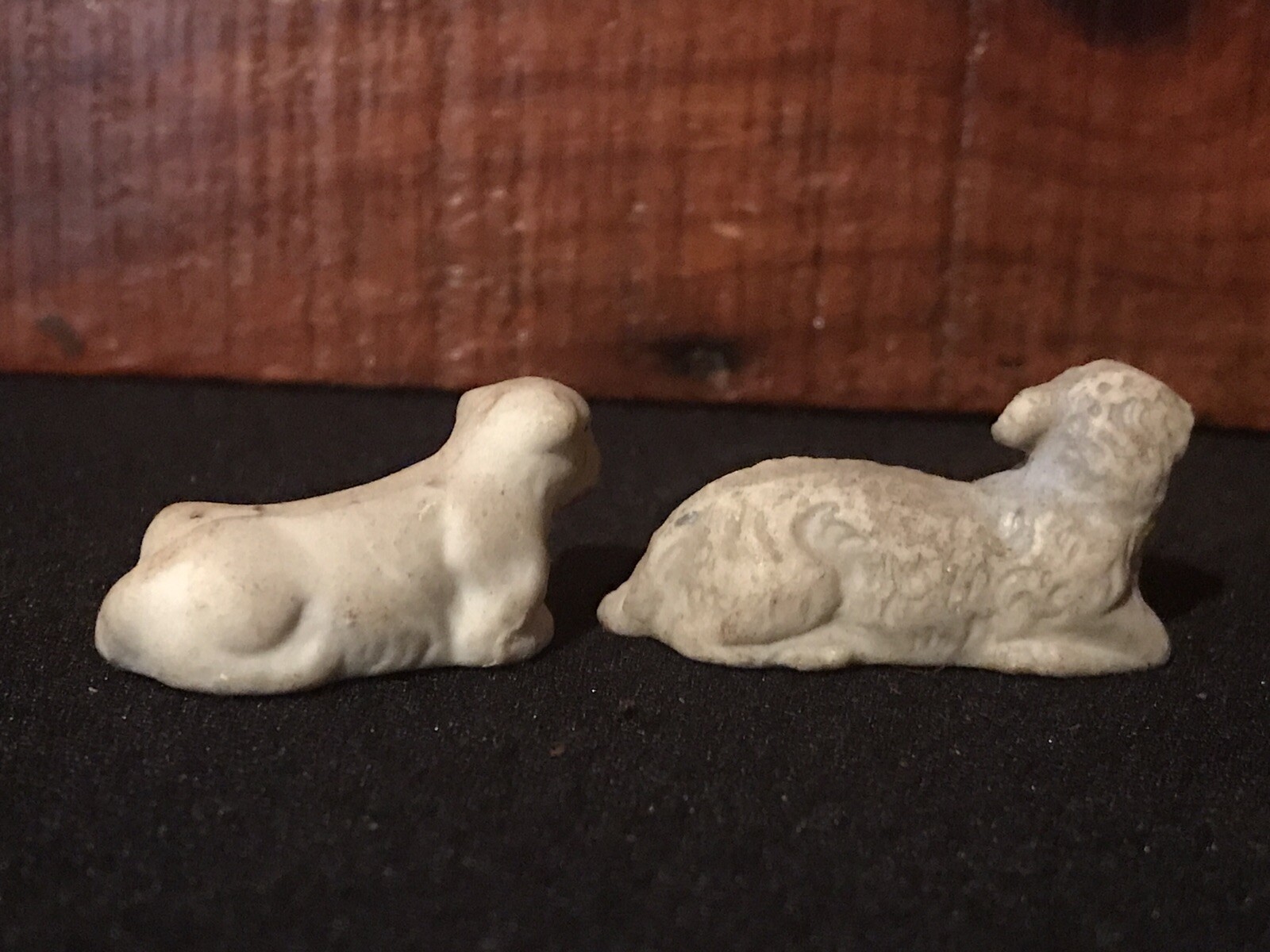 Antique Christmas Chalkware Shepherd & Sheep, Bottlebrush Trees & Toy Block AAFA