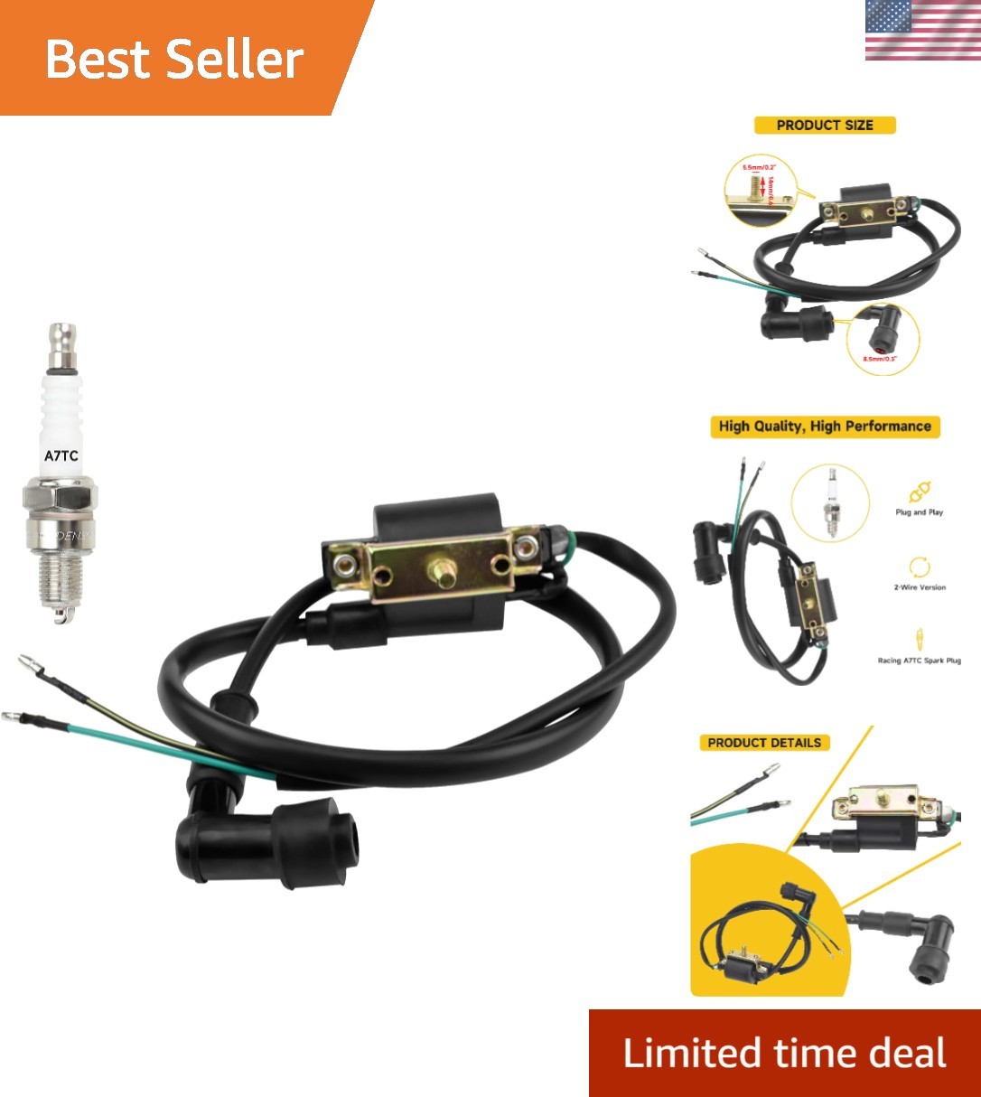 Ignition Coil and A7TC Spark Plug Set for Kids ATVs: Coolster, Kazuma, Apollo