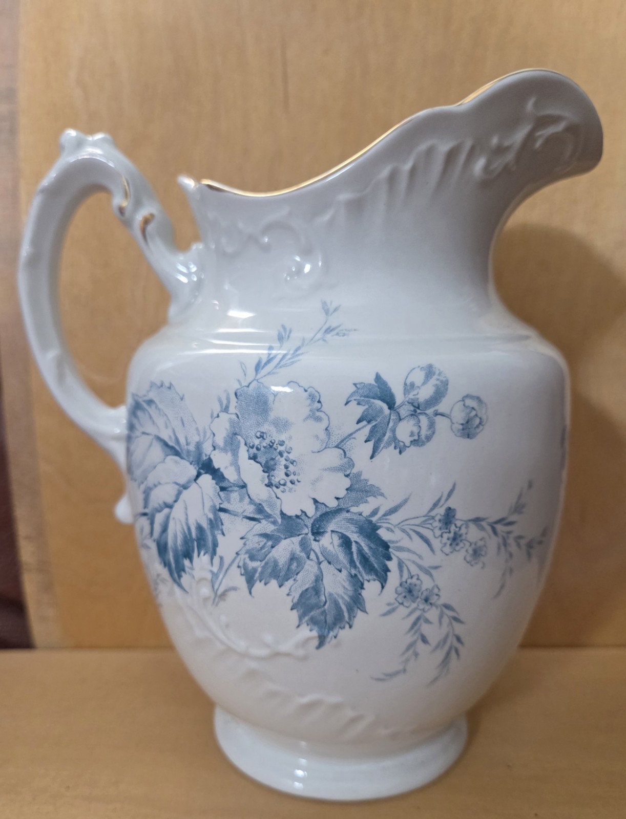 1890’s Alfred Meakin Semi-Porcelain Blue Floral Pitcher, Eng, Decorative Handle