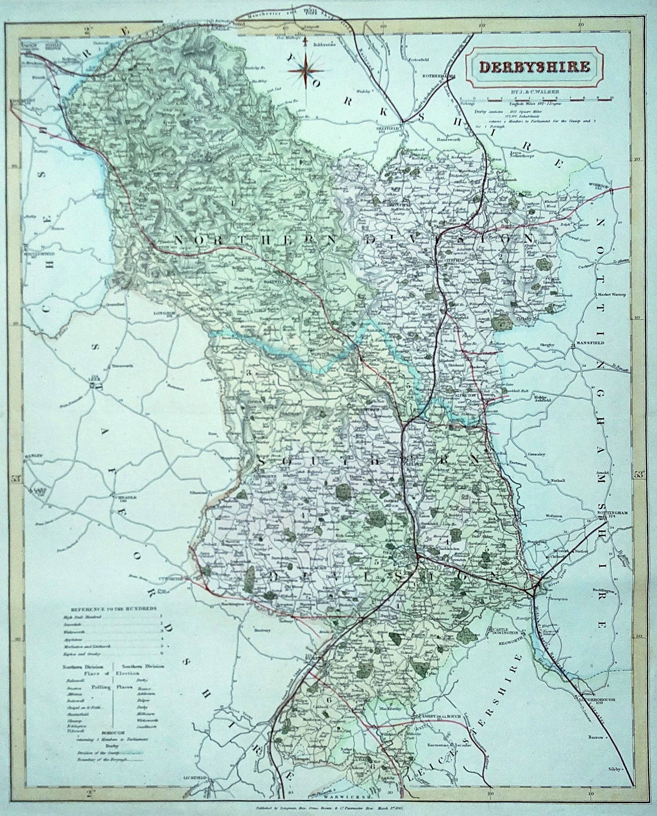 Antique Map DERBYSHIRE J.&C. Walker original old vintage map c1845