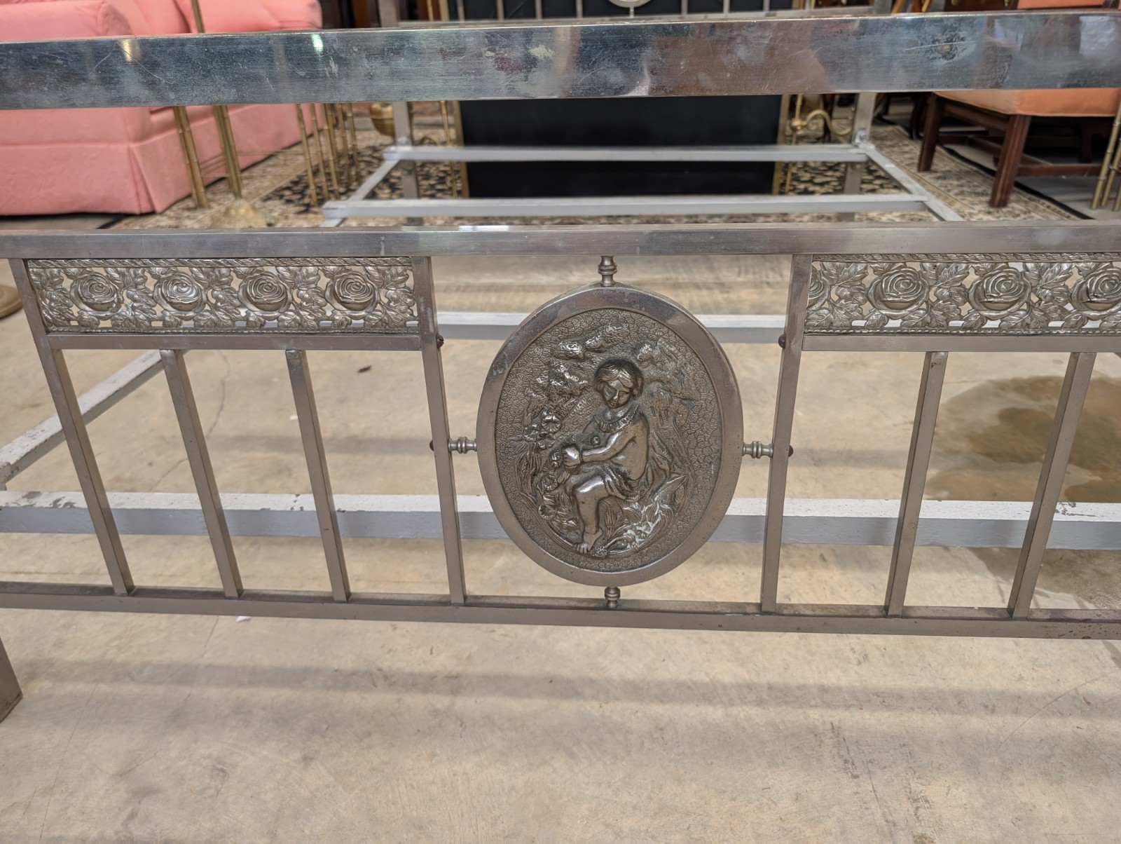 Antique Art Deco Victorian Nickel Plated Metal Bed w/ Pictorial Cherub Panels