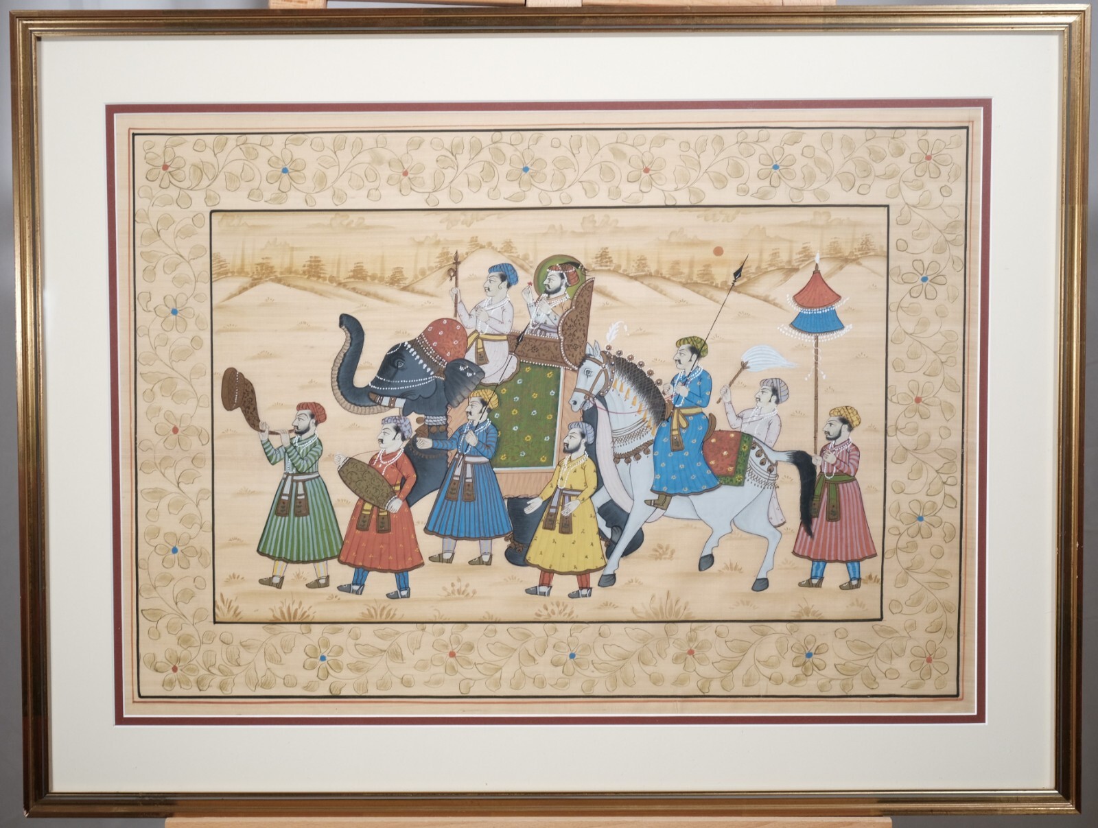 Antique Persian Silk Painting Noble Procession on Elephant Framed & Matted Exlnt