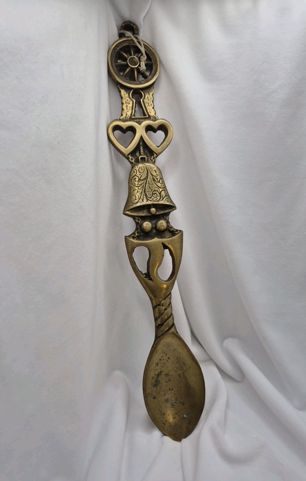 Vintage Welsh Love Spoon Large 38cm Carved Brass Twin Hearts Decor
