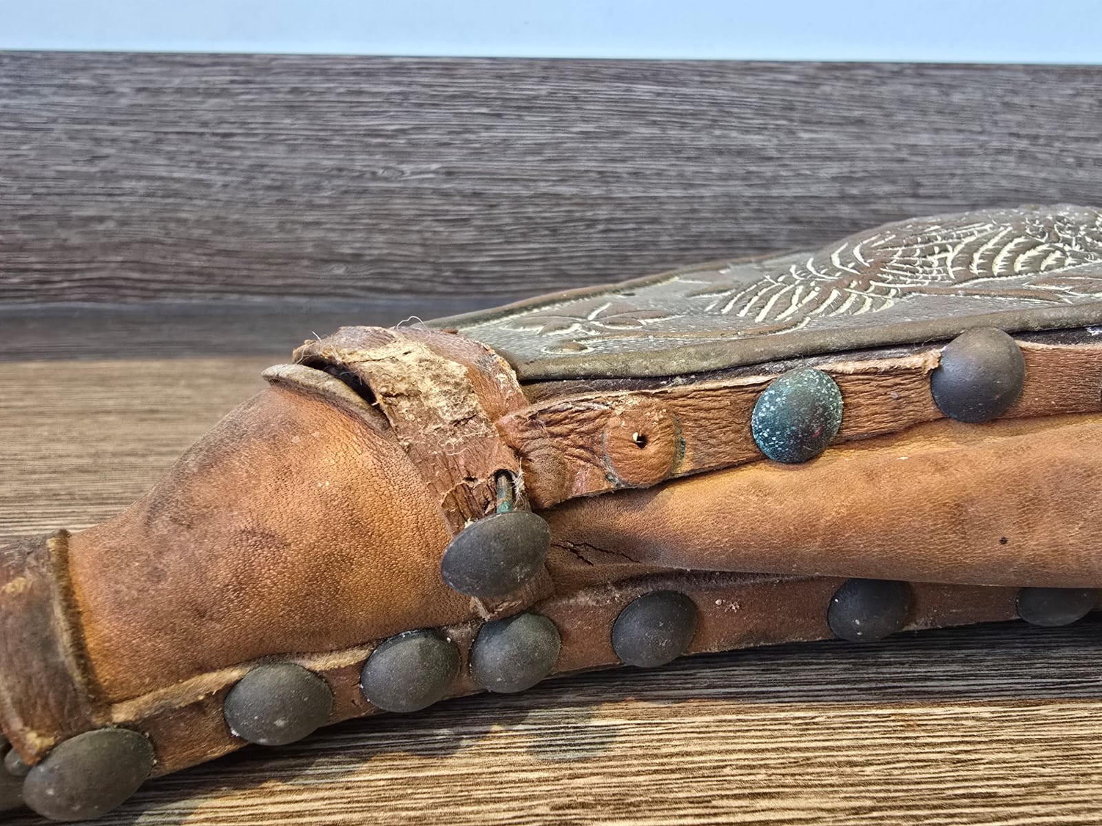 Antique Embossed Copper Fireplace Bellows Ornate Owl & Ivy Design Leather & Wood