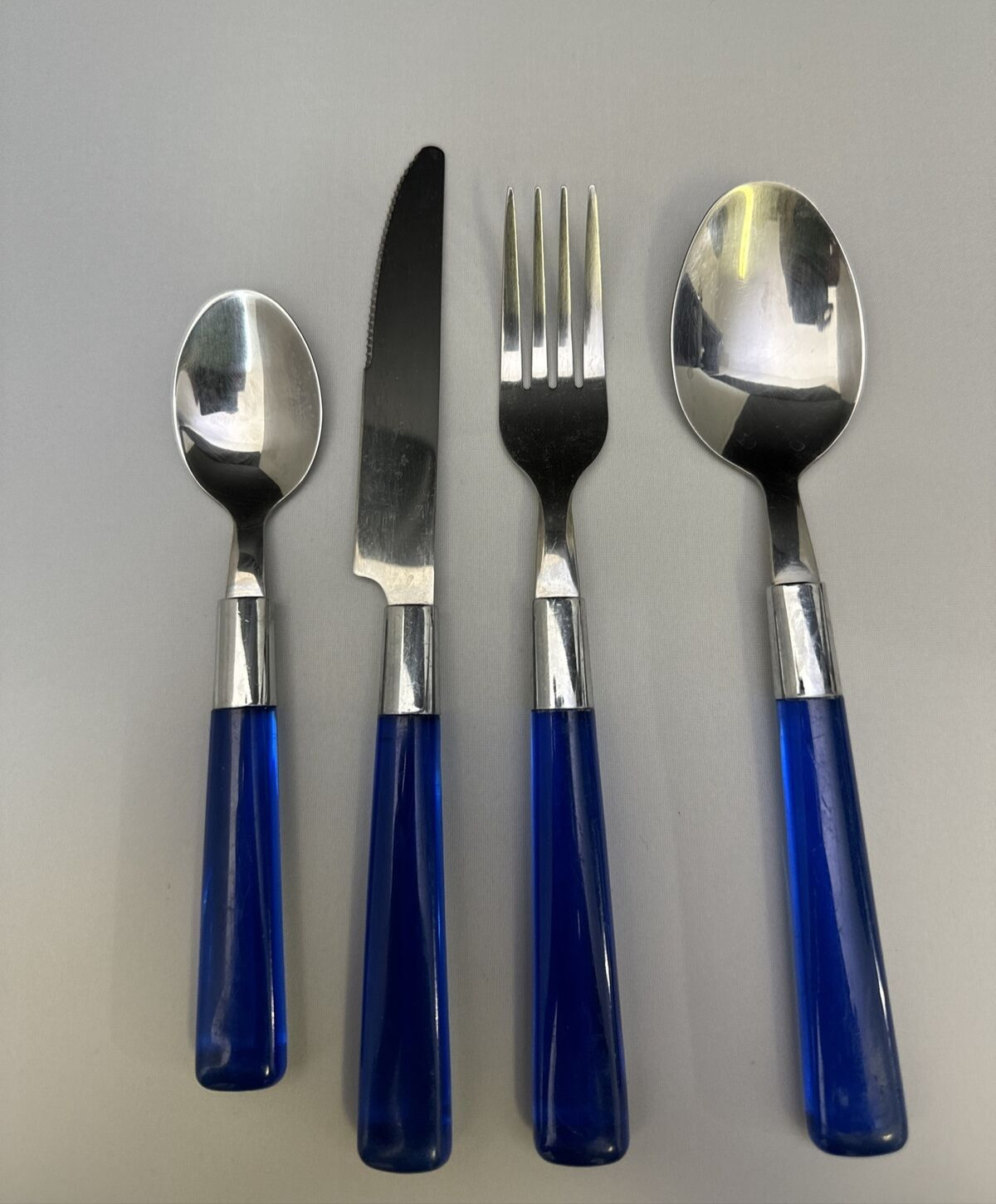 Clear Royal Blue Plastic Handles Vintage 4 Piece Stainless Flatware Replacement