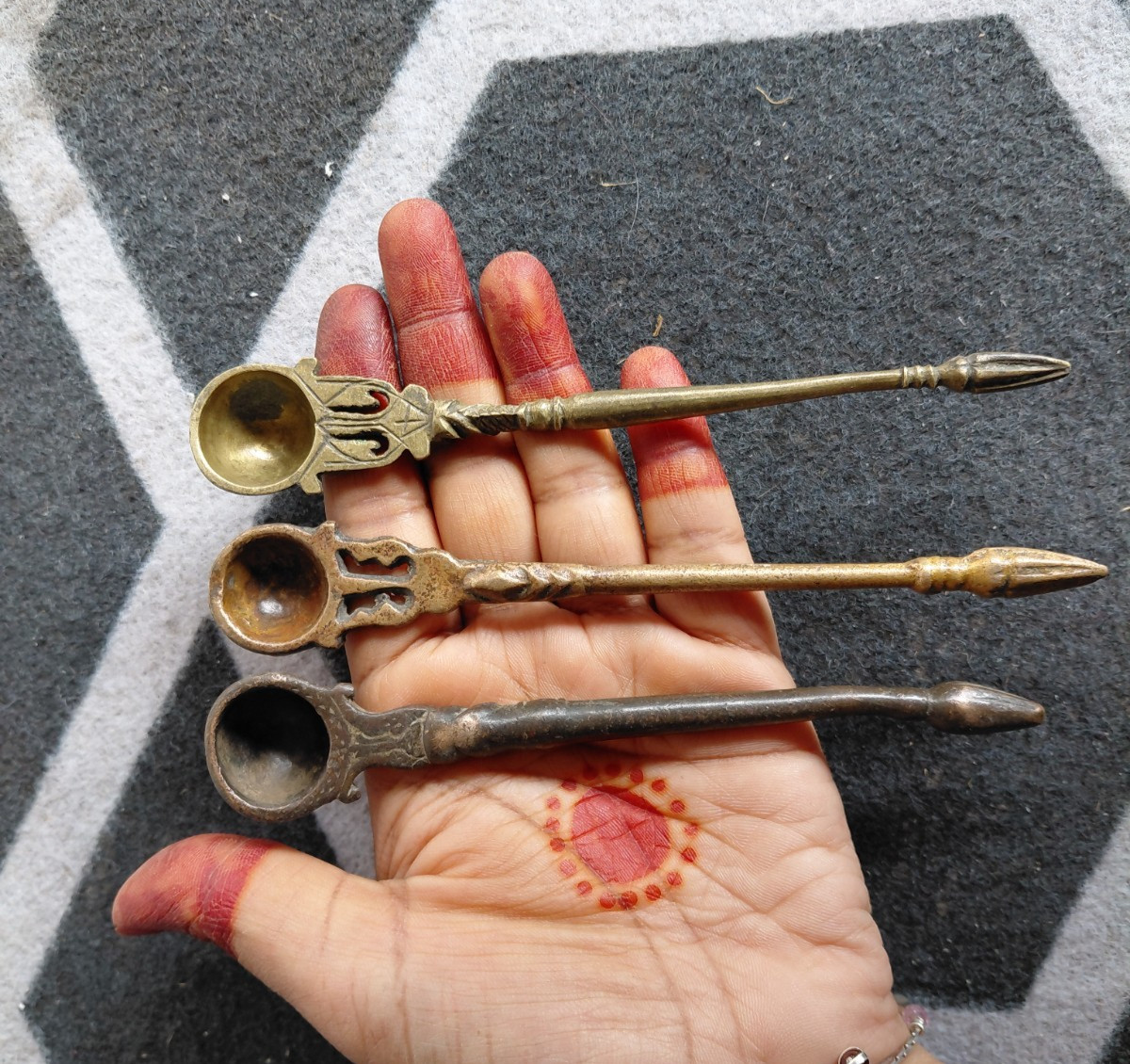 Old Indian Brass Hindu Ritual Beautiful Design Holy Water Spoons 3 Pieces