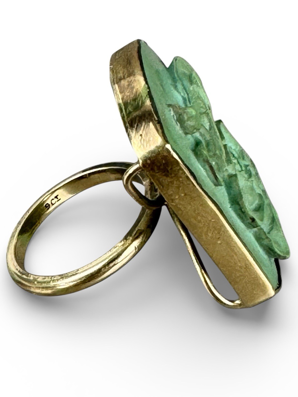 Chinese 9ct Gold Mounted Turquoise Ring, Carved Mantis On Peony, UK Size L