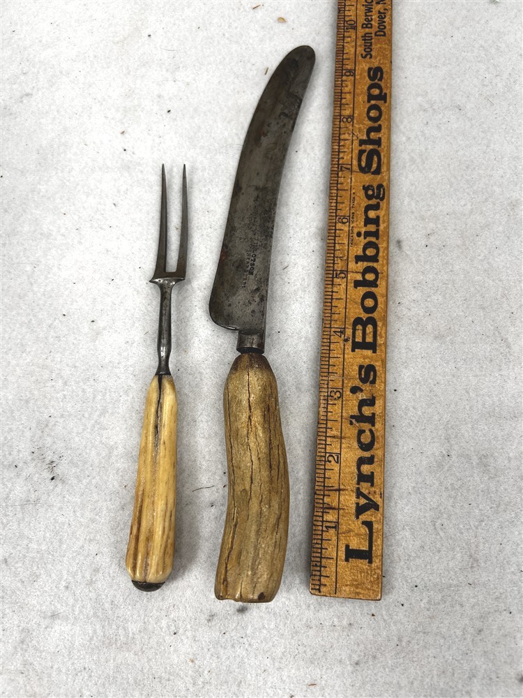 antique 2 tine fork & knife steel antler handles original 18thc 1700