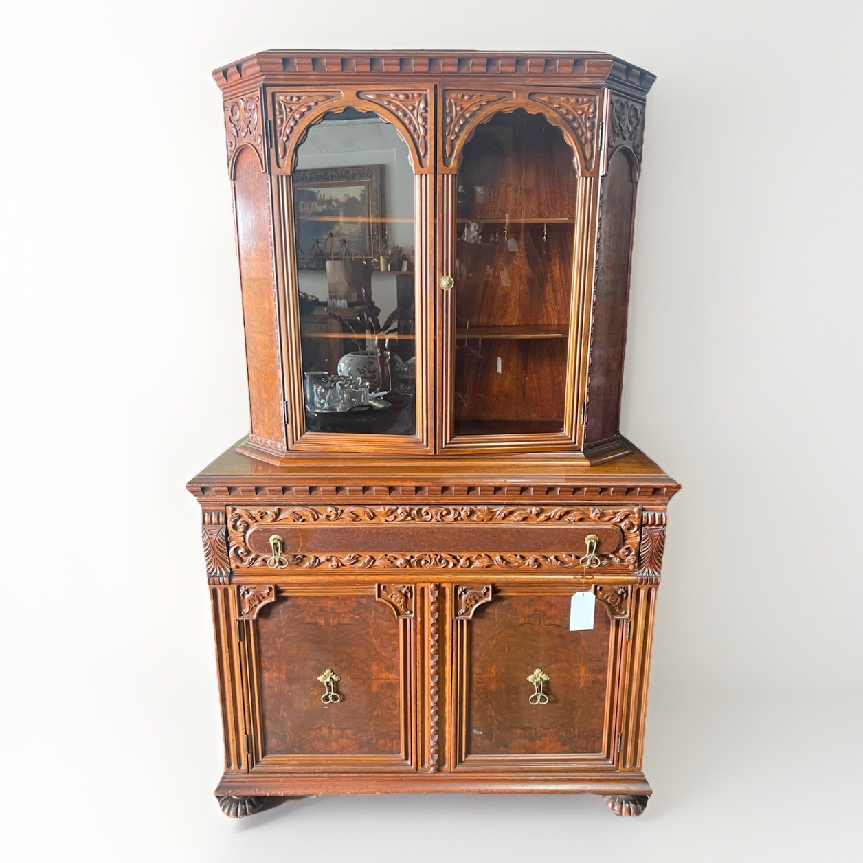 Antique French Ornate Carved Wood Hutch Cabinet Glass Doors Brass Pulls