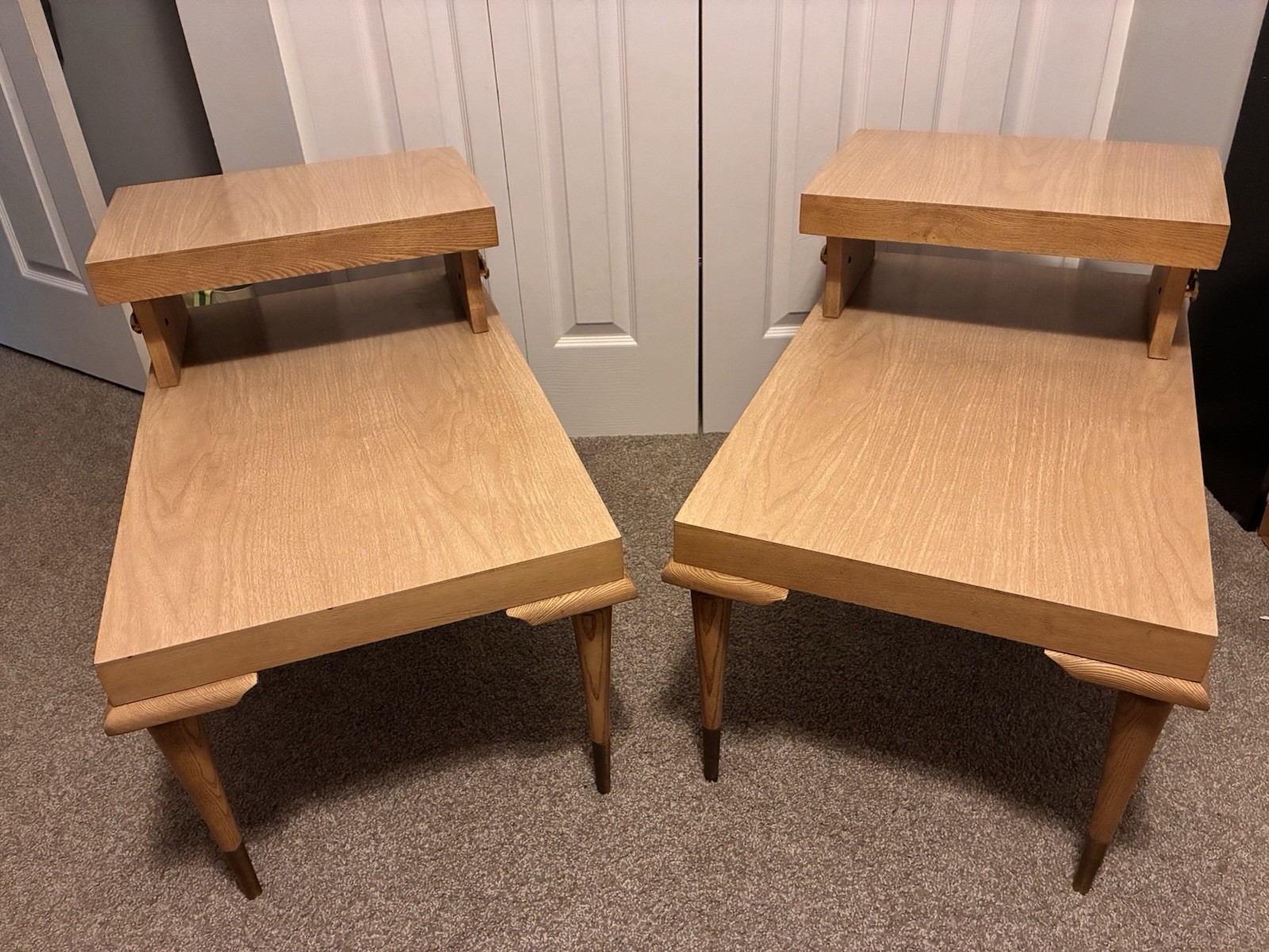 Pair Vtg Step End Table 2 Tier Mid Century Modern Retro Beige Formica Screw Legs