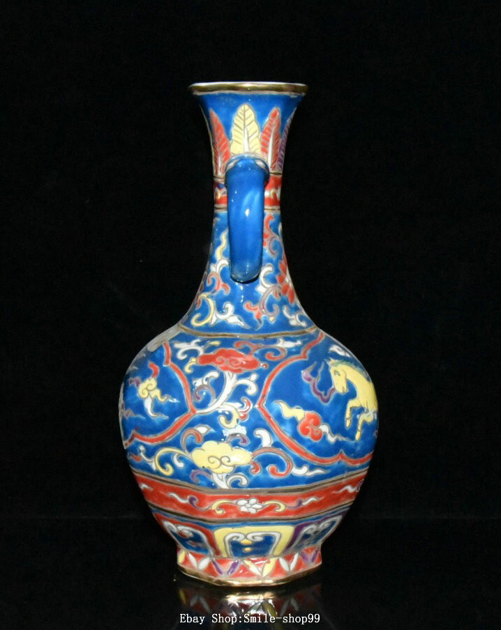 10″ Xuande Wu Cai Porcelain Fengshui Horse Animal Twin Ears Bottle Vase