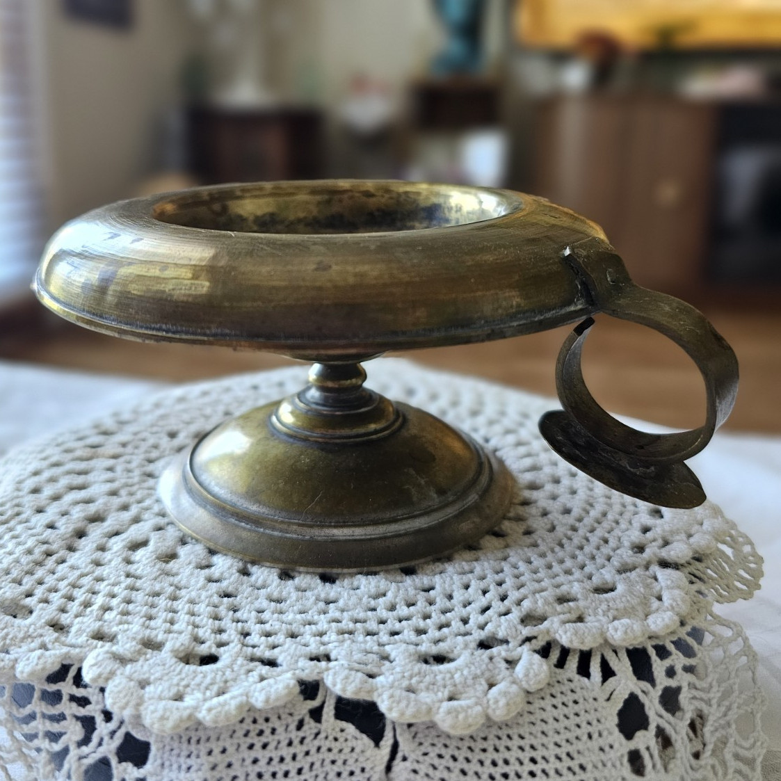 Antique 19thC Brass Chamberstick Candle Holder MFD BY JAS RATT BOSTON